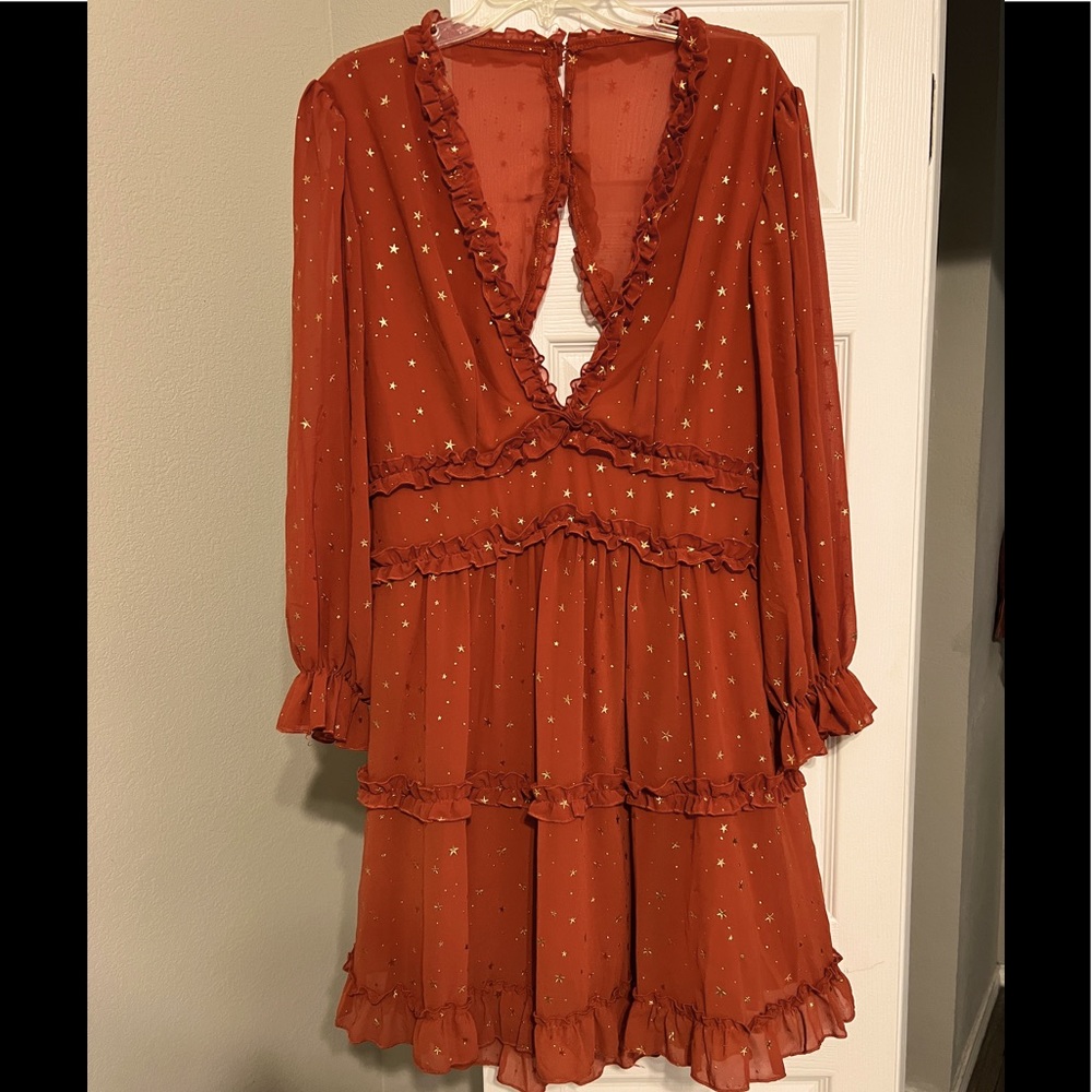 Women’s Long Sleeve Ruffle Backless Swing Mini Dress, XL